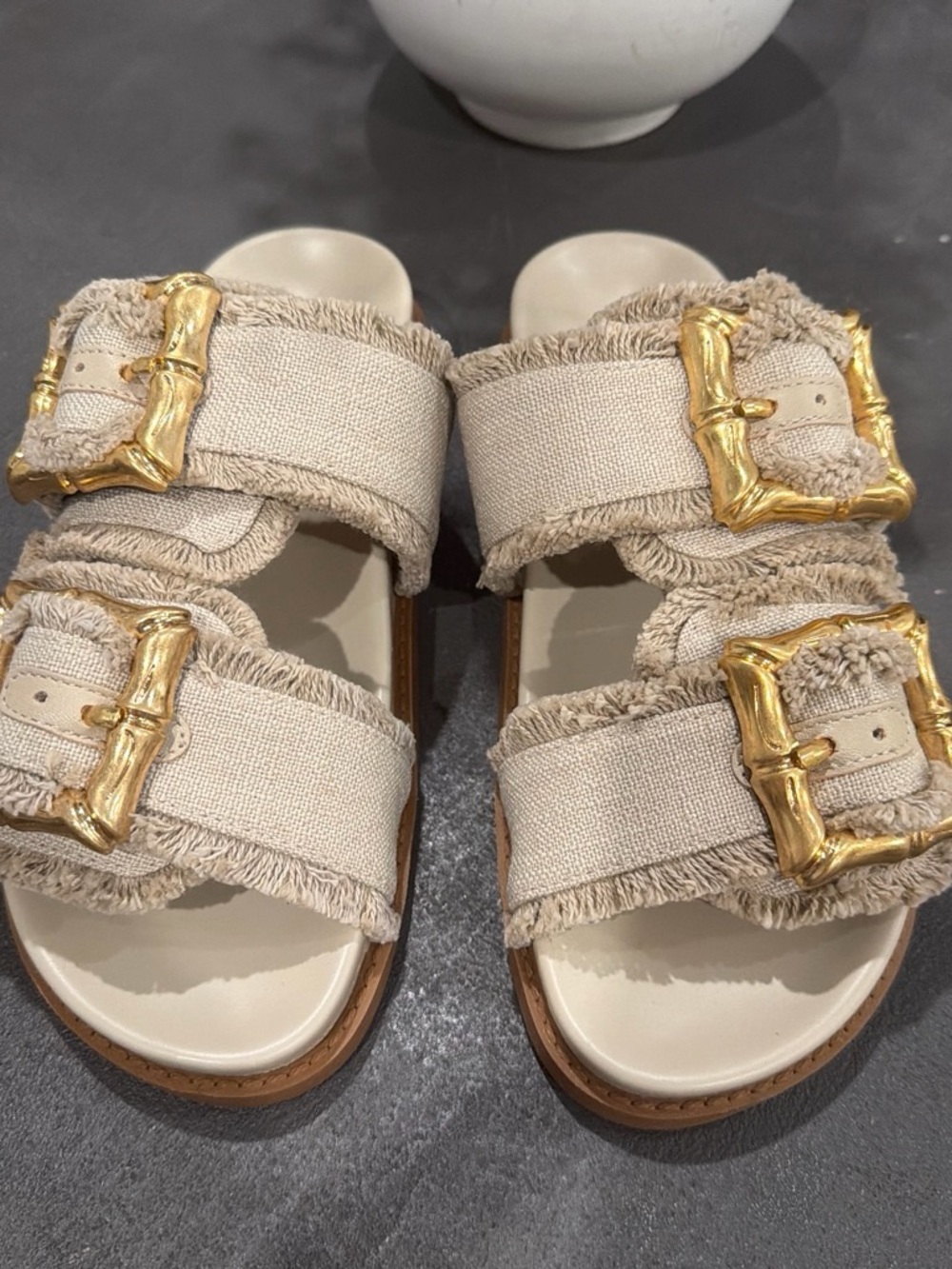 SCHUTZ Beige Frayed Double-Buckle Slide Sandals with Gold Buckles